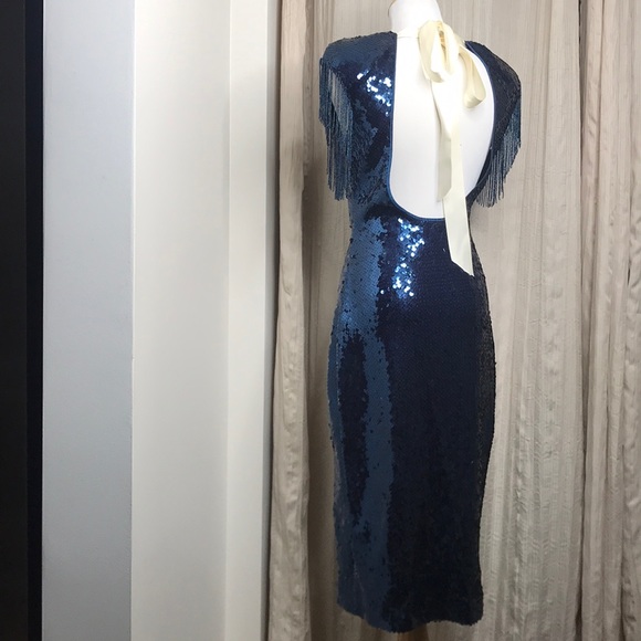 SOLD πVTG Blue Sequin Midi Fringe Open Back Dress M - Picture 13 of 16
